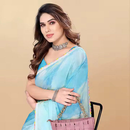 New Designer Best Quality Chinon Padding Printed Work Saree Blouse - Color: Blue