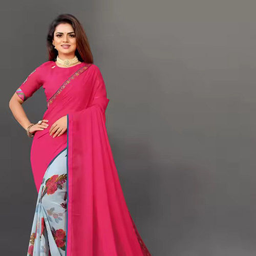 Traditional Womens Georgette Printed Saree With Unstitch Blouse - Color: Pink