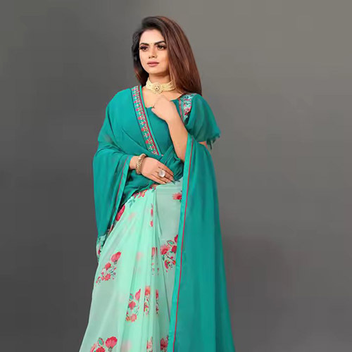 Womens Floral Print Geoegette Saree With Unstitched Blouse - Color: Green