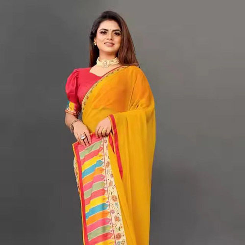 Indian Women Designer Silk Saree Party Wear Digital Printed Fancy Sari Blouse - Color: Yellow