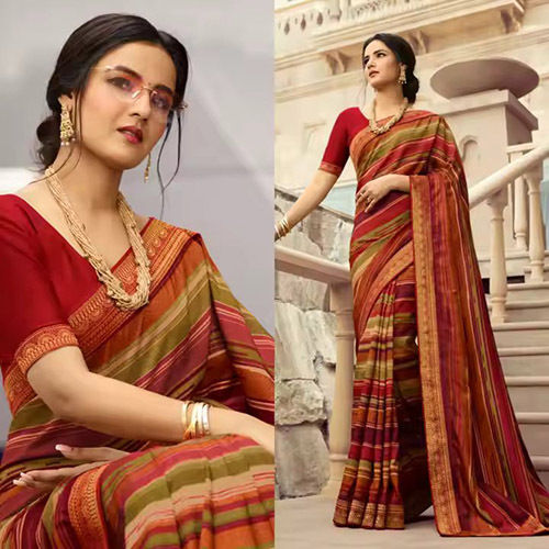 Womens Georgette Soft Lichi Silk Saree With Blouse - Color: Multicolour