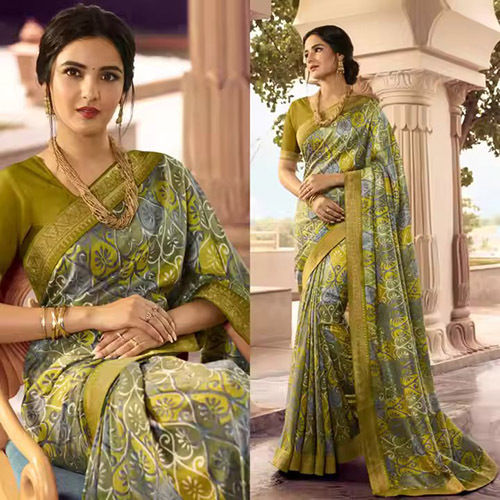 Womens Soft Silk Georgette Saree With Unstitched Blouse - Color: Green