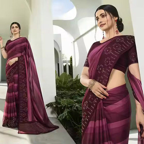 Purple Printed Stone Embellished Bollywood Sari Party Wear Designer Saree - Season: Spring