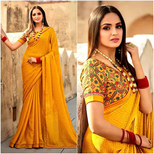 Yellow Bandhani Printed With Embroidered Border Chiffon Saree - Color: Multicolour