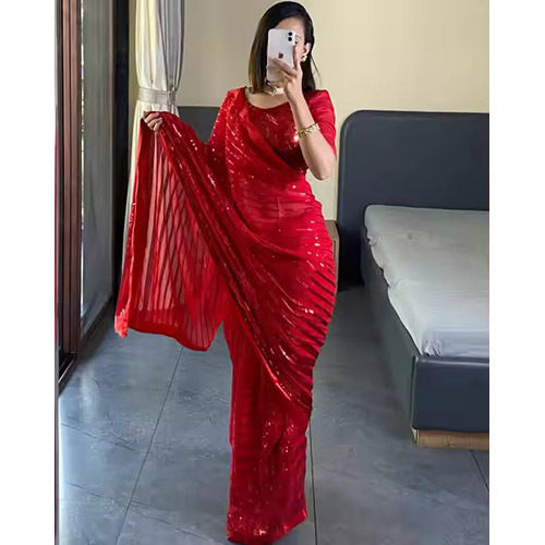 Red Color Bollywood Sequins Beautiful Designer Georgette Saree - Occasion: Party Wear