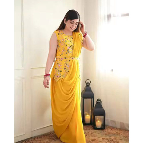 Beautiful Designer Georgette Fabric Saree With Lace - Color: Yellow