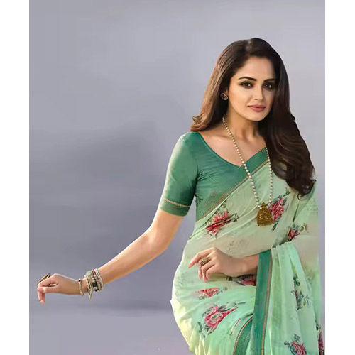 Womens Wedding Saree With Lace Border Print Blouse - Color: Green