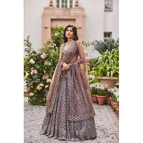 Georgette Bridal Thread Sequence Embroidered Work Semi Stitched Lehenga Choli Collection - Color: Brown