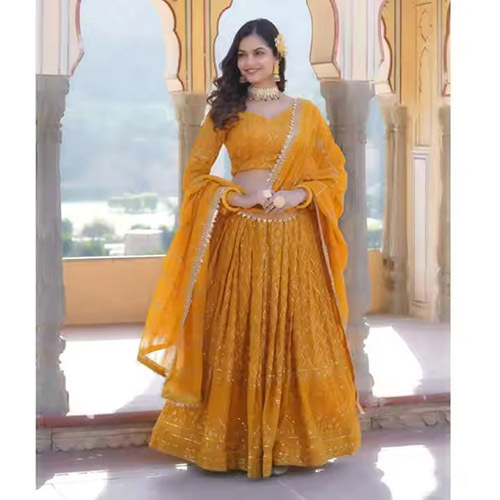 Faux Georgette Heavy Thread Sequence Work Lehenga Choli - Color: Yellow