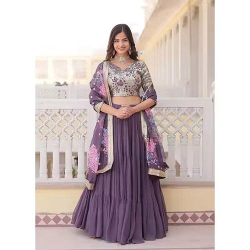 Fully Flaired Lehenga With Faux Georgette With Sequins Embroidered Blouse - Color: Purple