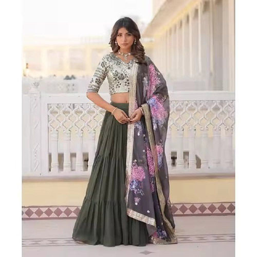 Fully Flared Lehenga With Faux Georgette Sequins Embroidered Blouse Designer - Color: Green