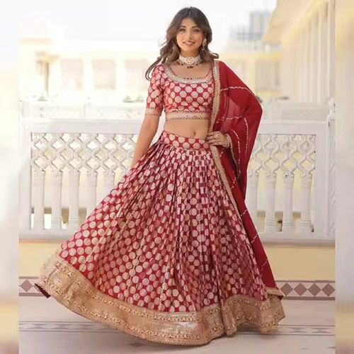 Pure Dyable Viscose Jacquard With Embroidered Sequins Work Lehenga Choli - Color: Red