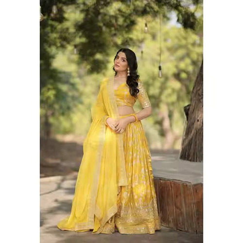 Yellow Colour Embroidered Attractive Party Wear Silk Lehenga Choli - Size: Customized