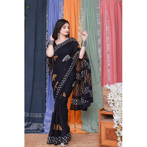 Printed Black Color Cotton Sarees - Color: Multicolor Available