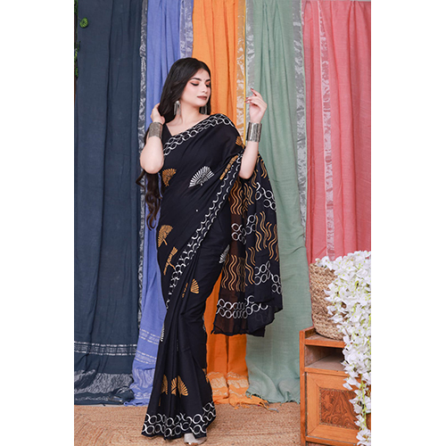 Printed Black Color Cotton Sarees