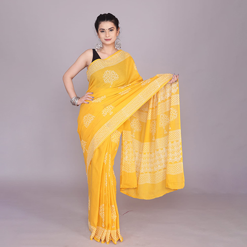 Yellow Color Printed Cotton Sarees