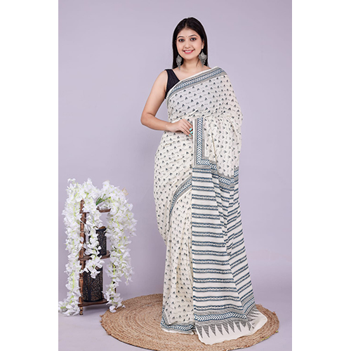 White Color Printed Cotton Sarees