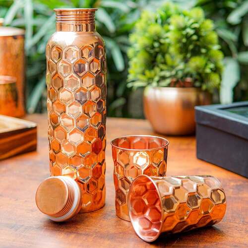 Diamond Cut Copper Water Bottle 2 Glasses with Gift Boxs