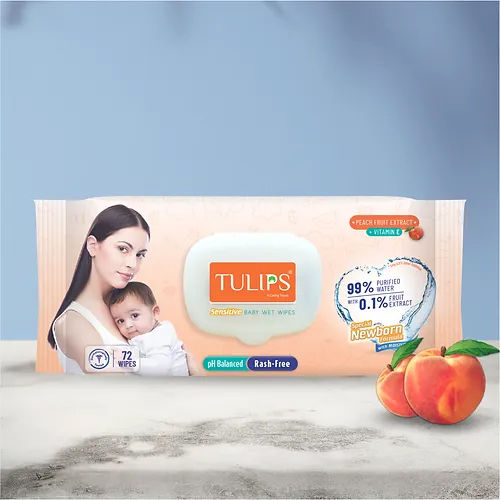 72 Wipes Sensitive Baby Wet Wipes Peach Fruit Extract Lid Pack