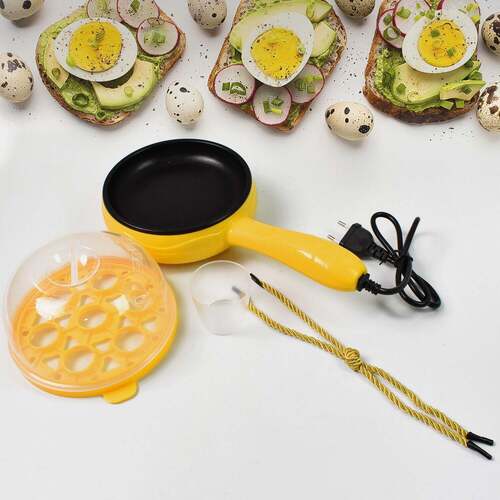 Multi functional Electric 2 in 1 Egg Frying Pan with Egg Boiler Machine Measuring Cup with Handl