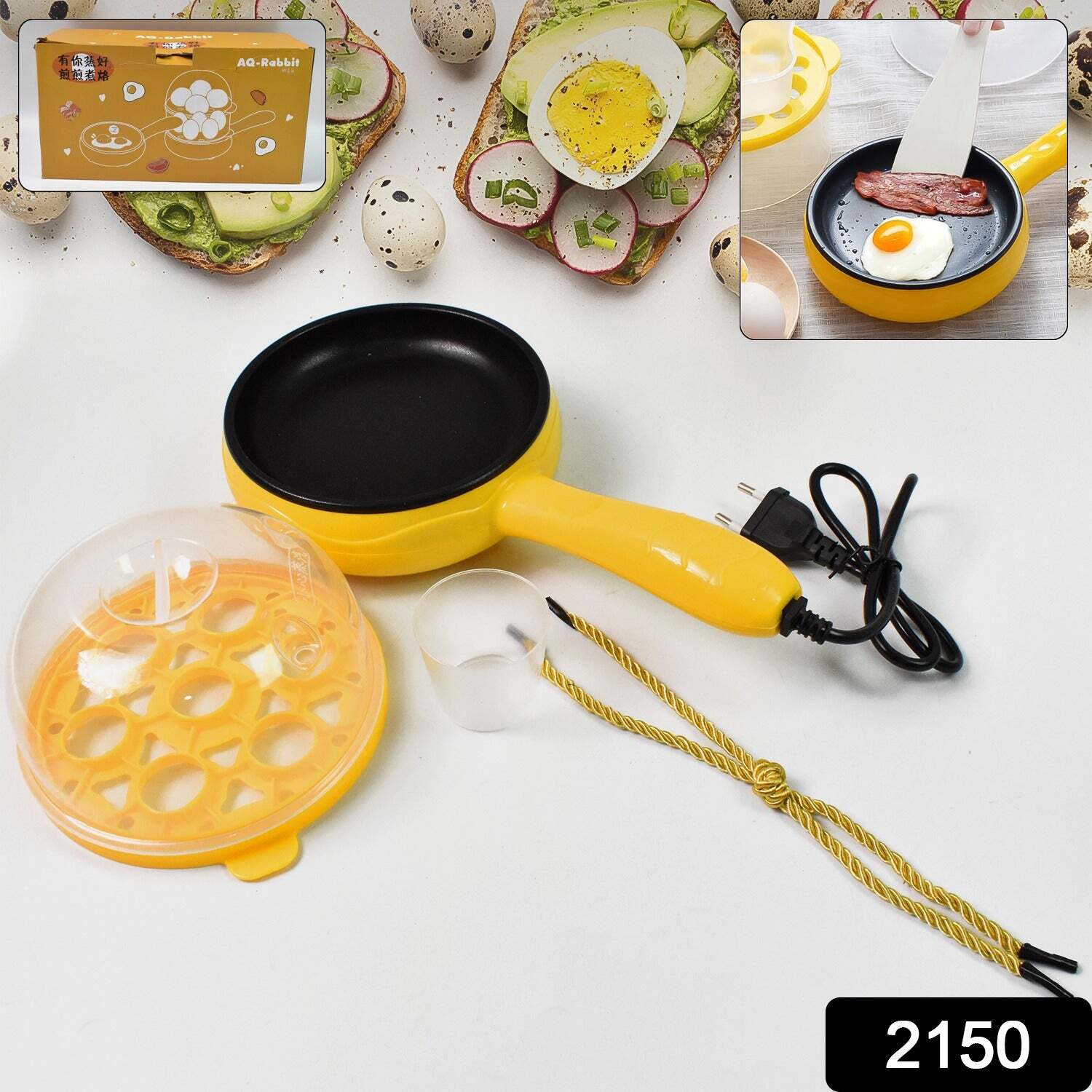 Multi Functional Electric 2 In 1 Egg Frying Pan With Egg Boiler Machine Measuring Cup With Handl