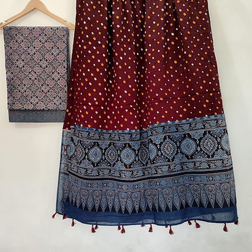 Ajrakh Print Top With Bottom And Ajarkh Badhni Dupatta Cotton Fabric