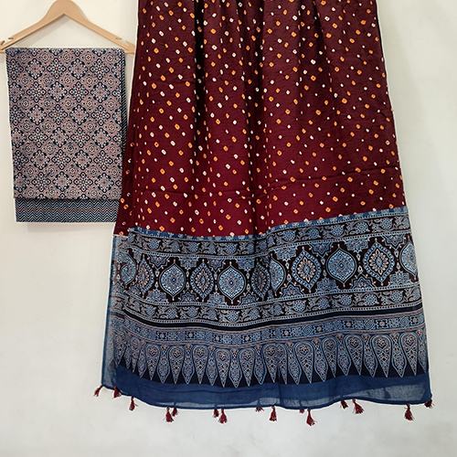 Ajrakh Print Top With Bottom And Ajarkh Badhni Dupatta Cotton Fabric - Attributes: Washable