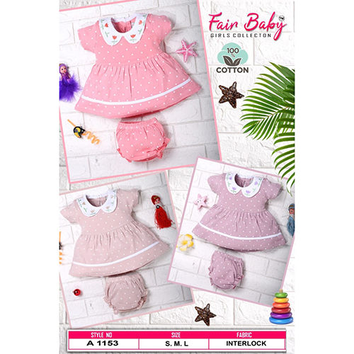 A1153 Interlock Baby Girl Cotton Frock With Bottom Set - Color: Pink