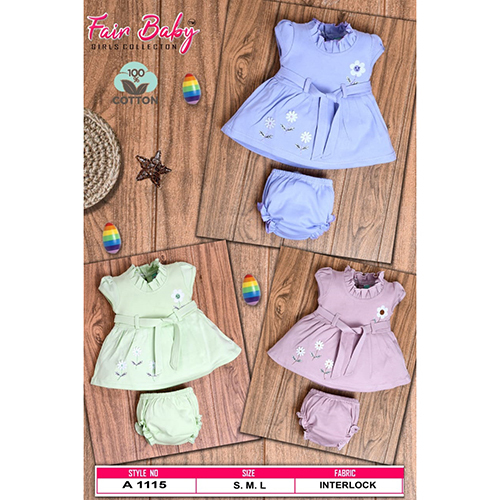 A1115 Flower Printed Baby Girl Cotton Frock with Bottom Set