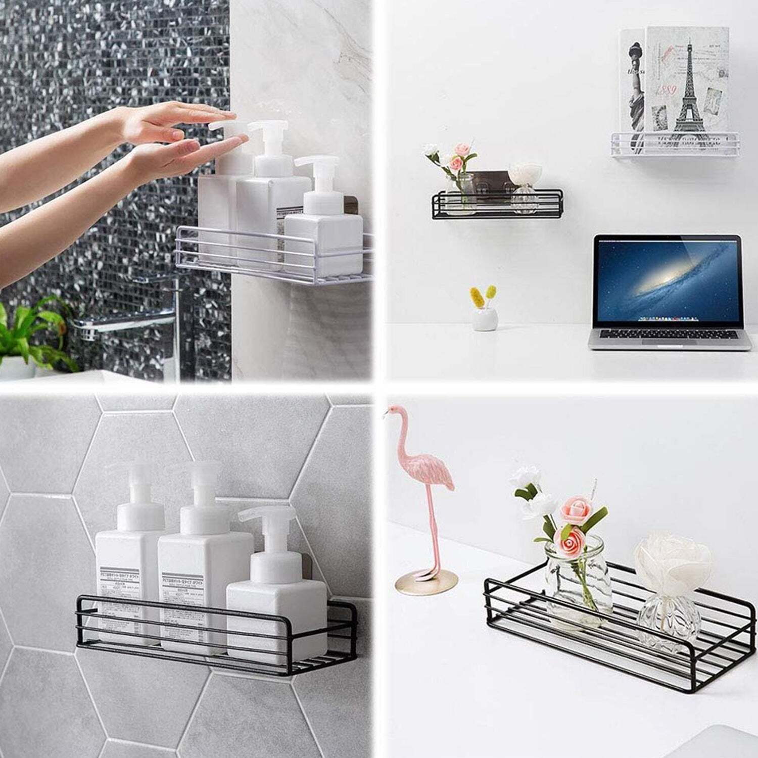 Steel Self-adhesive Multipurpose Bathroom Shelf With Hookss