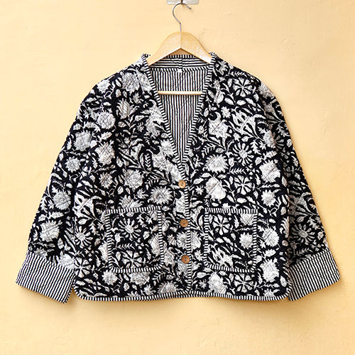 Black And White Hand Block Print Boho Jacket - Color: Balck