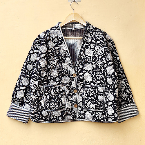Black And White Hand Block Print Boho Jacket - Bust Size: Requirement Based Meter (M)
