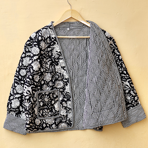 Black And White Hand Block Print Boho Jacket - Color: Balck