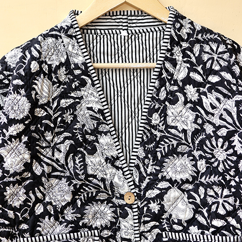 Black And White Hand Block Print Boho Jacket - Color: Balck