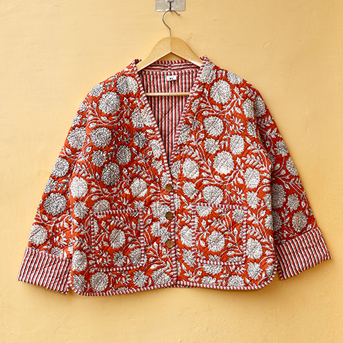 Orange And White Hand Block Print Boho Jacket - Bust Size: Requirement Based Millimeter (Mm)