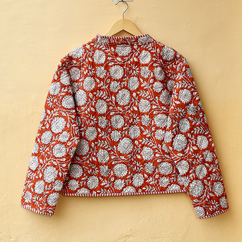 Orange And White Hand Block Print Boho Jacket - Color: Multicolor