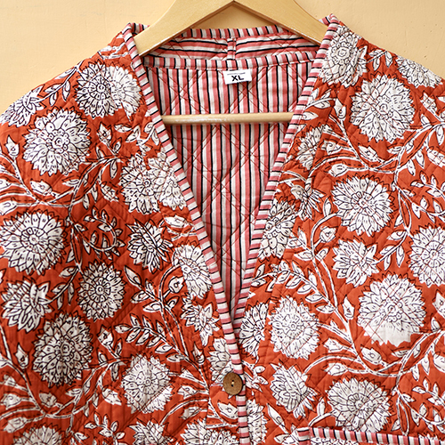 Orange And White Hand Block Print Boho Jacket - Color: Multicolor