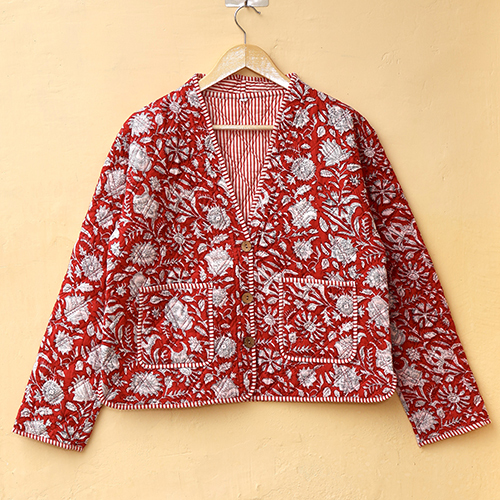 Red And White Hand Block Print Boho Jacket - Bust Size: Requirement Based Millimeter (Mm)