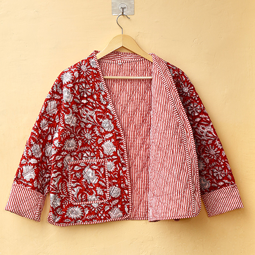 Red And White Hand Block Print Boho Jacket