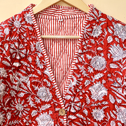 Red And White Hand Block Print Boho Jacket - Ethnic Region: Indian
