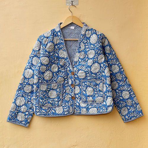 Floral Indian Womens Boho Jacket - Color: Blue & White