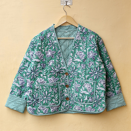 Green And White Hand Block Print Boho Jacket - Bust Size: Requirement Based Meter (M)