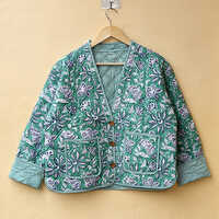 Green And White Hand Block Print Boho Jacket