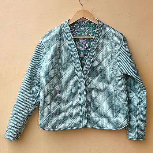 Green And White Hand Block Print Boho Jacket - Ethnic Region: Indian