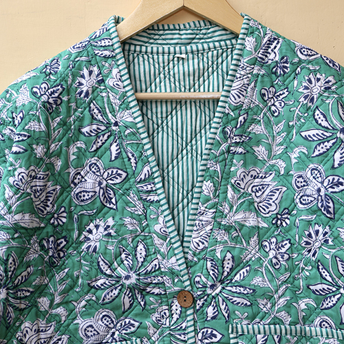 Green And White Hand Block Print Boho Jacket - Ethnic Region: Indian