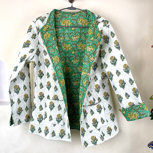 Indian Handmade Quilted Cotton Kantha Jacket - Color: Green And White