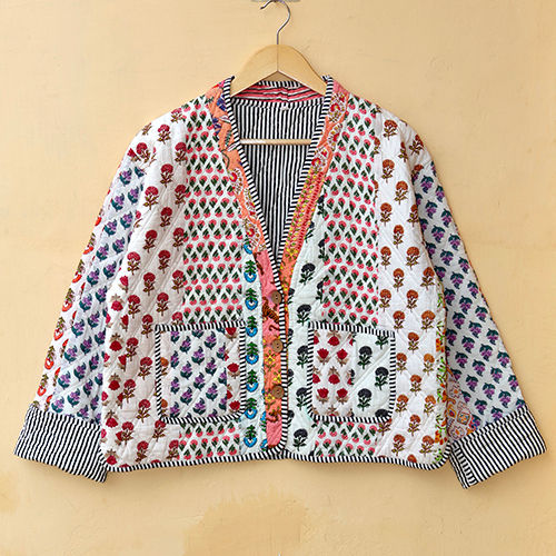 V-Neck Cotton Handcrafted Kantha Jacket - Color: Multicolor