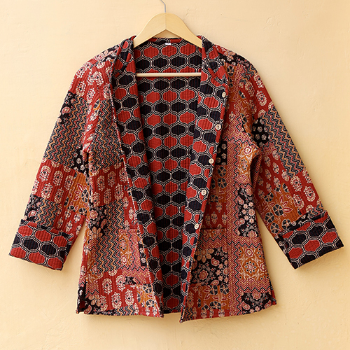 Patchwork Style Printed Floral Quilted Jacket - Color: Multicolor