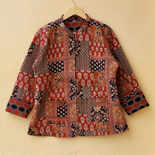 Patchwork Style Printed Floral Quilted Jacket - Color: Multicolor