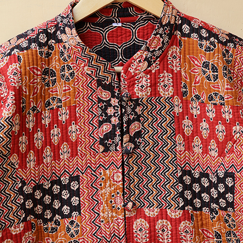 Patchwork Style Printed Floral Quilted Jacket - Color: Multicolor